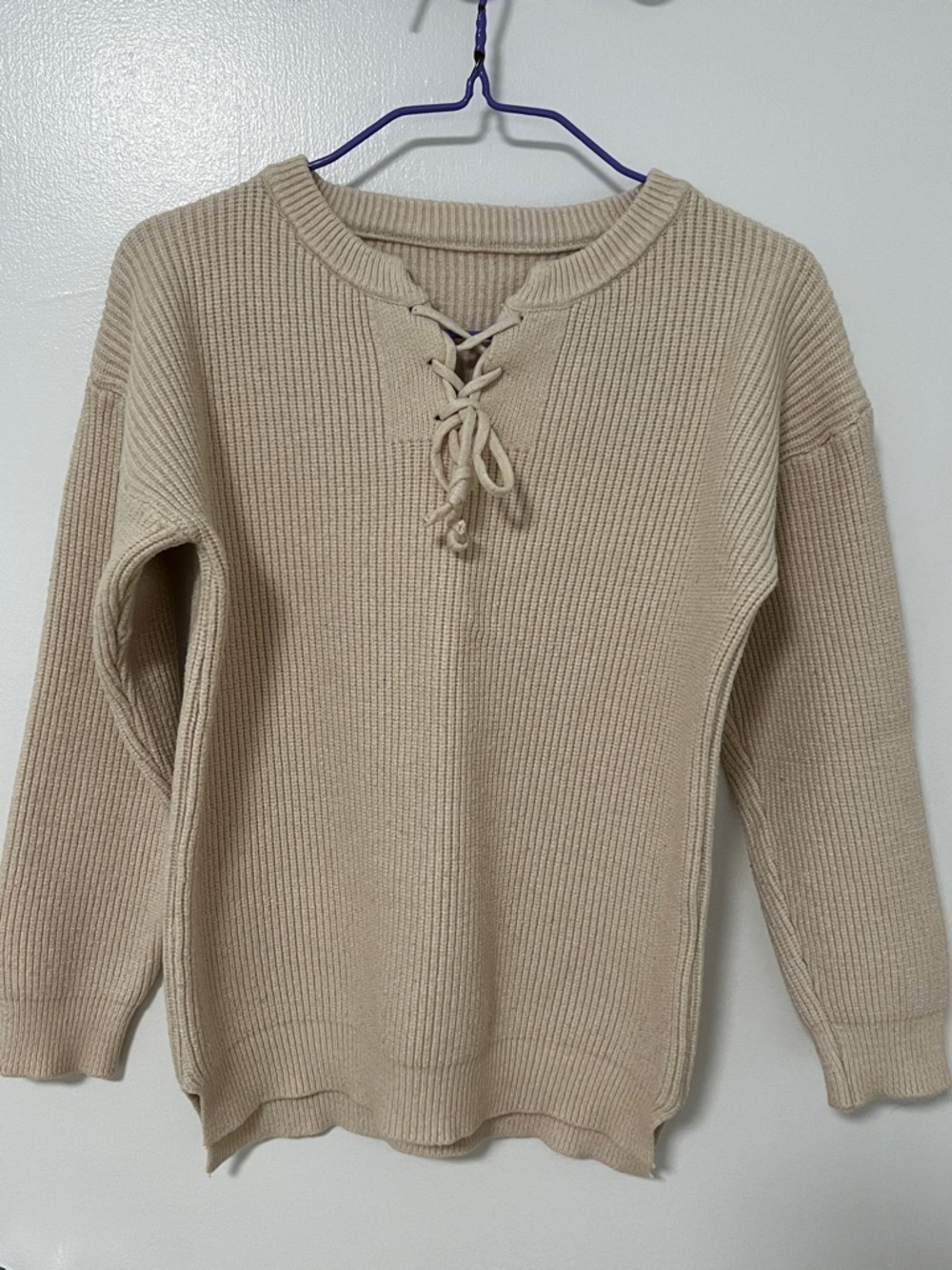 Lace-Up Knit Pullover Sweater - Beige